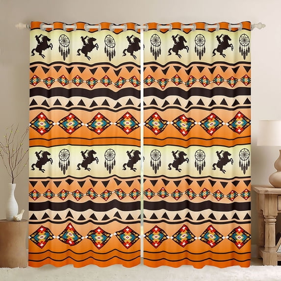 Homewish Retro Boho Tribal Blackout Curtains Set of 2 (52x84 Each),Rustic Farmhouse Horse Window Curtains,Beige Orange Curtains and Drapes For Boy Kids,Ultra Soft Home Decor