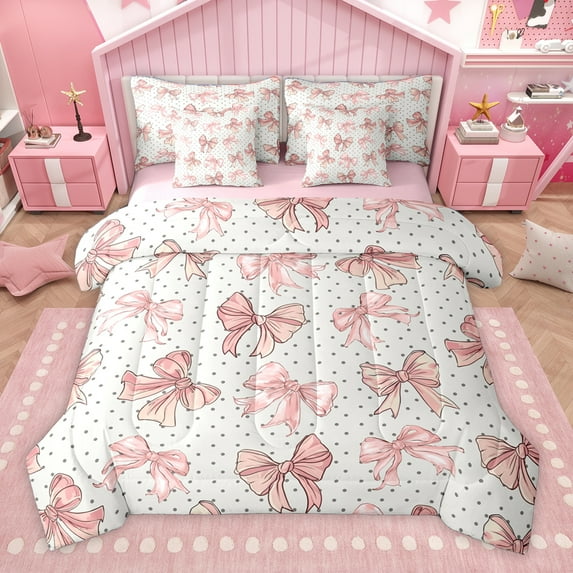 Homewish Retro Bow Ribbon 7pcs Bedding Comforter Set,Geometric Polka Dot Queen Bedding Sets,Pink Gray Queen Sheet Sets For Chgirls Kids,Super Cozy Room Decor Reversible