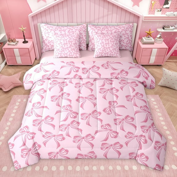 Homewish Retro Bow Tie 7-Piece Twin Bedding Sets,Kawaii Bowknot Bedding Comforter Set,Dreamy Pink Bow Sheet Sets For Girl,Luxury Bedroom Decor Reversible