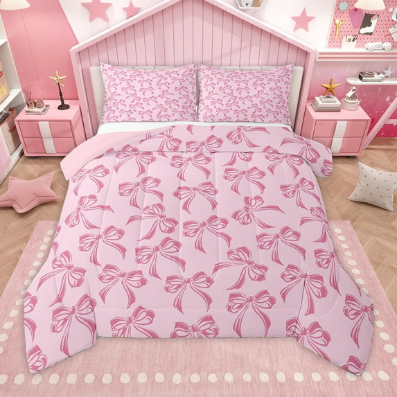 Homewish Retro Bow Tie Bedding Comforter Set,Kawaii Bowknot Twin Comforter Sets,Dreamy Pink Bow Bedding Set For Girl,Luxury Bedroom Decor Reversible,2pcs