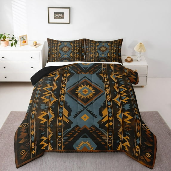 Homewish Retro Brown Aztec Queen Comforter Set for Adult, Hippie Stripes Abstract Bedding Sets, Southwestern Style Reversible Bedding Comforter Set, Microfiber Bedroom Decor, 3-Piece