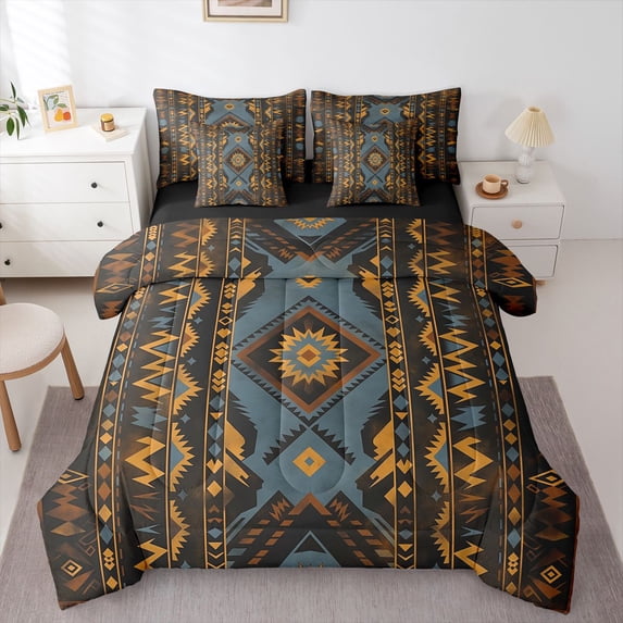 Homewish Retro Brown Aztec Twin Bedding Sets 7-Piece for Adult, Hippie Stripes Abstract Bedding Comforter Set, Southwestern Style Reversible Sheet Sets, Microfiber Bedroom Decor