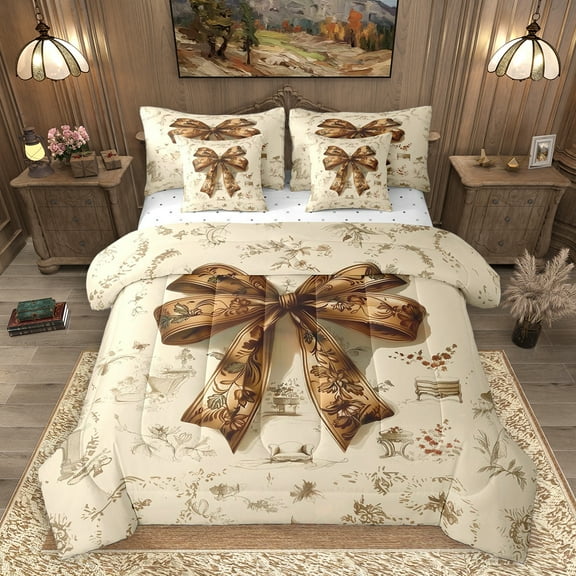Homewish Retro Brown Bowtie 7-Piece Twin Bedding Sets,Vintage Bow Ribbon Bedding Comforter Set,Country Flower Floral Sheet Sets For Girls Kids,Ultra Soft Home Decor Reversible