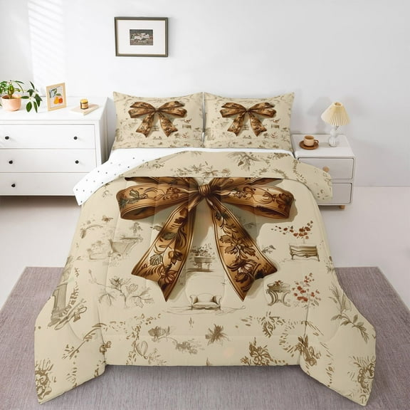Homewish Retro Brown Bowtie Bedding Comforter Set,Vintage Bow Ribbon Twin Comforter Sets,Country Flower Floral Bedding Set For Girls Kids,Ultra Soft Home Decor Reversible,2pcs