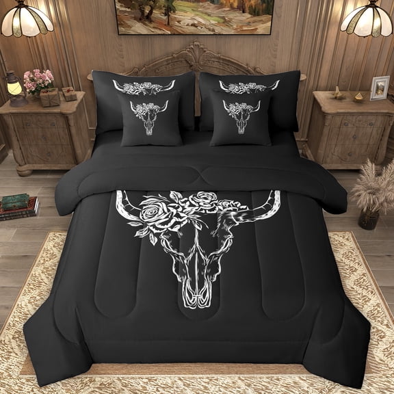 Homewish Retro Bull Skull 7-Piece Twin Bedding Sets,Boho Bohemian Tribal Bedding Comforter Set,White Black Sheet Sets For Boys Kids,Microfiber Bedroom Decor Reversible