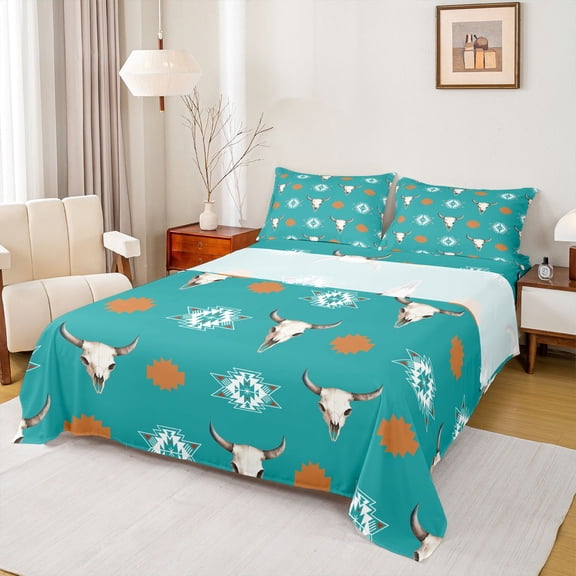 Homewish Retro Bull Skull Bed Sheets,Cyan Orange King Sheets,Rustic Western Aztec Sheet Set For Boys Kids,Breathable Home Decor,4pcs
