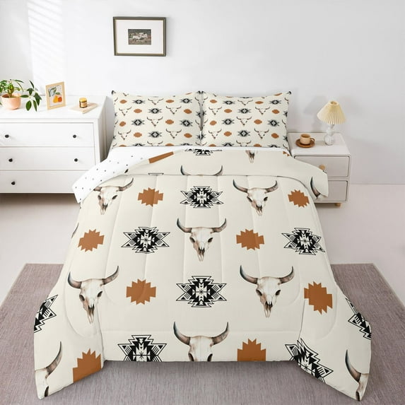 Homewish Retro Bull Skull Bedding Comforter Set,Boho Tribal Twin Comforter Sets,Rustic Western Aztec Bedding Set For Boys Kids,Breathable Home Decor Reversible,2-Piece