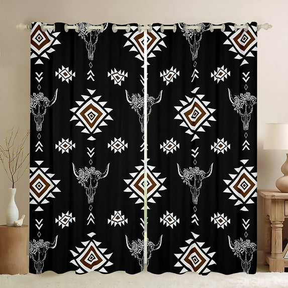 Homewish Retro Bull Skull Curtains Pack of 2 (42x84 Each),Boho Tribal Curtains Blackout,Black Brown Bedroom Curtains For Boys Kids,Breathable Home Decor