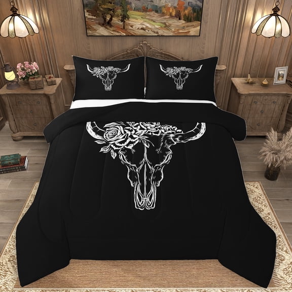 Homewish Retro Bull Skull Full Size Comforter Sets,Boho Bohemian Tribal Bedding Comforter Set,White Black Bedding Sets For Boys Kids,Microfiber Bedroom Decor Reversible,3 Pieces