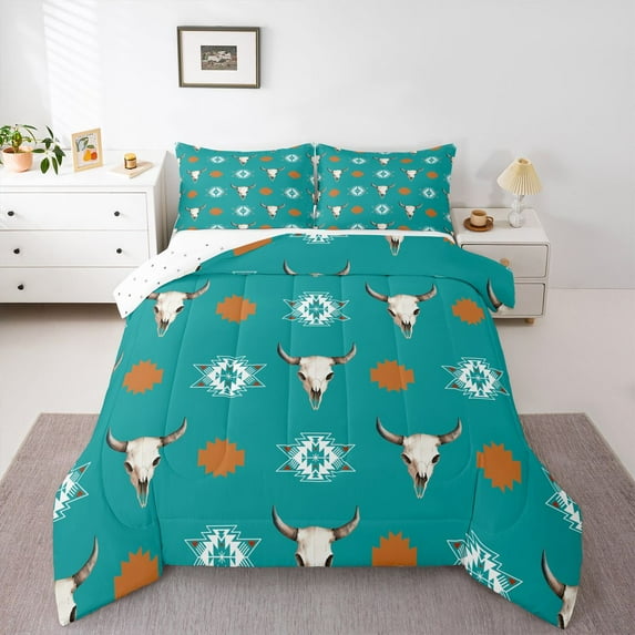 Homewish Retro Bull Skull Full Size Comforter Sets,Cyan Orange Bedding Comforter Set,Rustic Western Aztec Bedding Sets For Boys Kids,Breathable Home Decor Reversible,3-Piece