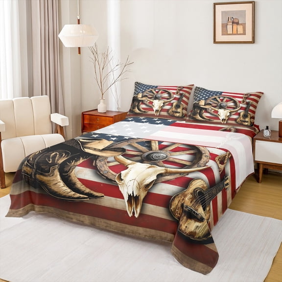 Homewish Bull Guitar Brown Queen 4-Piece Reversible Boys Kids Retro Rustic Western Cowboy Sheet Set