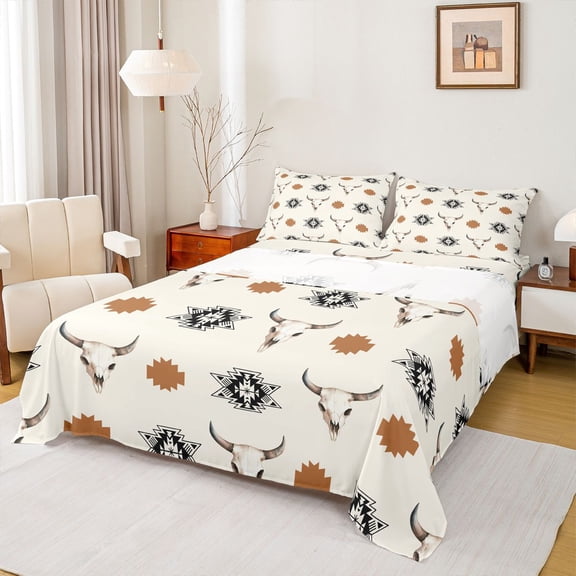 Homewish Retro Bull Skull Twin Sheet Sets,Boho Tribal Twin Fitted Sheet,Rustic Western Aztec Flat Sheet For Boys Kids,Breathable Home Decor,3-Piece