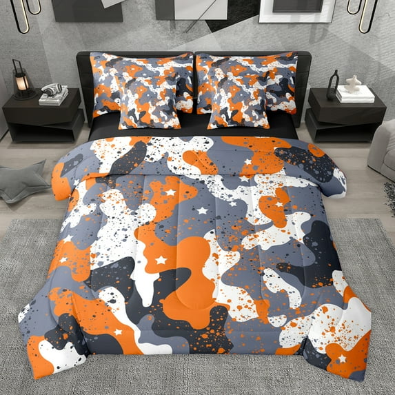 Homewish Retro Camo 7-Piece Twin Bedding Sets,Vintage Camouflage Bedding Comforter Set,Orange Splashing Ink Sheet Sets For Boys Kids,Luxury Bedroom Decor Reversible