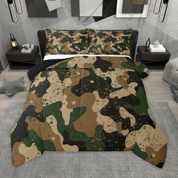 Homewish Retro Camo Bedding Comforter Set,Vintage Camouflage Twin Comforter Sets,Brown Splashing Ink Bedding Set For Boys Kids,Luxury Bedroom Decor Reversible,2-Piece