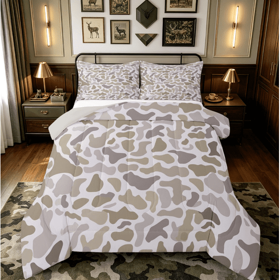 Homewish Retro Camo Camouflage Bedding Comforter Set,Rustic Farmhouse Twin Comforter Sets,Gray Brown Bedding Set For Teens,Microfiber Bedroom Decor Reversible,2 Pieces
