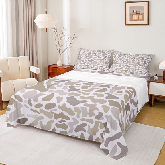 Homewish Retro Camo Camouflage Queen Sheet Sets,Rustic Farmhouse Flat Sheet,Gray Brown Queen Fitted Sheet For Teens,Microfiber Bedroom Decor,4-Piece