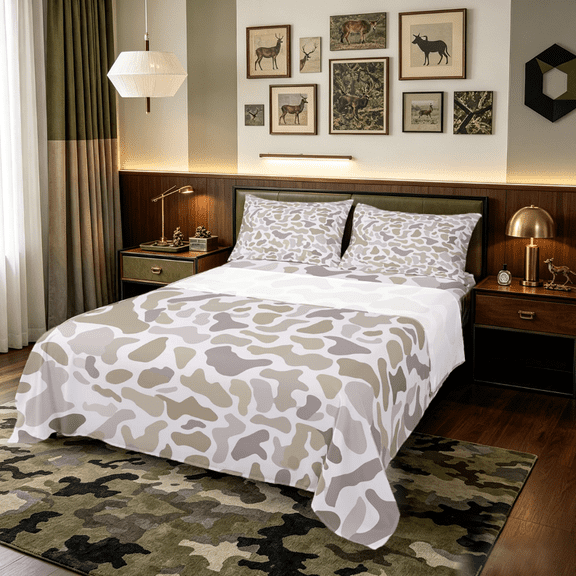 Homewish Retro Camo Camouflage Queen Sheet Sets,Rustic Farmhouse Flat Sheet,Gray Brown Queen Fitted Sheet For Teens,Microfiber Bedroom Decor,4-Piece
