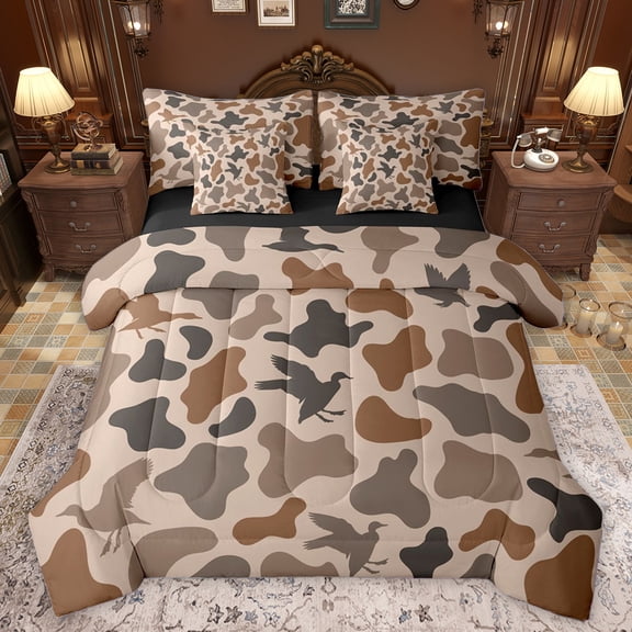 Homewish Retro Camo Pattern 7-Piece Bedding Comforter Set,Rustic Mallard Duck King Bedding Sets,Brown Black Bed Sheets For Boys Teens,Ultra Soft Home Decor Reversible