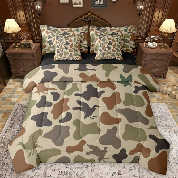Homewish Retro Camo Pattern 7-Piece Bedding Comforter Set,Rustic Mallard Duck King Bedding Sets,Green Brown Bed Sheets For Boys Teens,Ultra Soft Home Decor Reversible