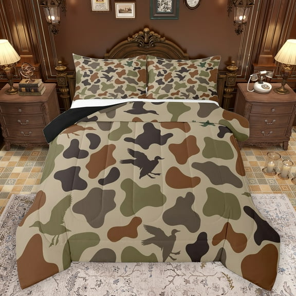 Homewish Retro Camo Pattern Queen Comforter Set,Rustic Mallard Duck Bedding Sets,Green Brown Bedding Comforter Set For Boys Teens,Ultra Soft Home Decor Reversible,3pcs