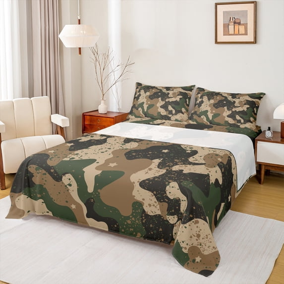 Homewish Retro Camo Queen Sheet Sets,Vintage Camouflage Flat Sheet,Brown Splashing Ink Queen Fitted Sheet For Boys Kids,4pcs