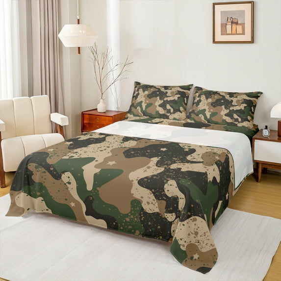 Homewish Retro Camo Twin Sheet Sets,Vintage Camouflage Twin Fitted Sheet,Brown Splashing Ink 03 For Boys Kids,Luxury Bedroom Decor,3-Piece