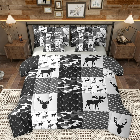 Homewish Retro Camouflage 7-Piece Bedding Comforter Set,Jungle Animal Moose Deer King Bedding Sets,Rustic Farmhouse Cabin Bed Sheets For Boy Teens,Microfiber Bedroom Decor Reversible