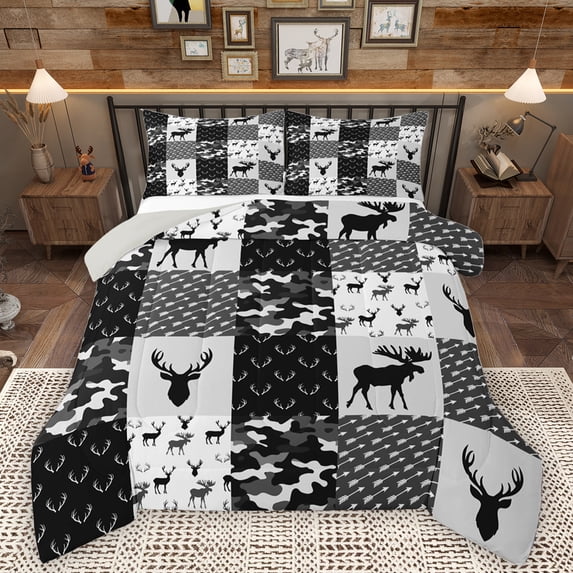 Homewish Retro Camouflage Full Size Comforter Sets,Jungle Animal Moose Deer Bedding Comforter Set,Rustic Farmhouse Cabin Bedding Sets For Boy Teens,Microfiber Bedroom Decor Reversible,3pcs