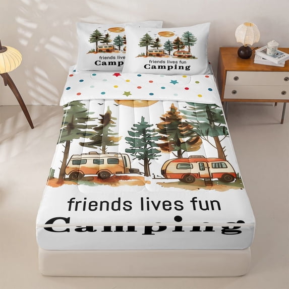 Homewish Retro Camper RV Print Zipper Full Size Comforter Sets with Fitted Sheet and 2 Pillowcases,Happy Camping Theme Zipper Bedding Set For Camping Lover,Reversible,4-Piece