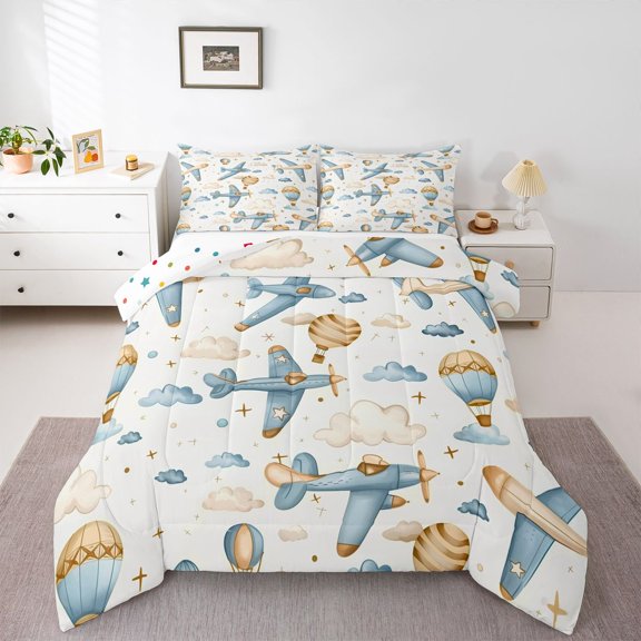 Homewish Retro Cartoon Airplane Bedding Comforter Set,Hot Air Balloon Twin Comforter Sets,White Blue Brown Bedding Set For Boys Kids,Super Cozy Room Decor Reversible,2pcs