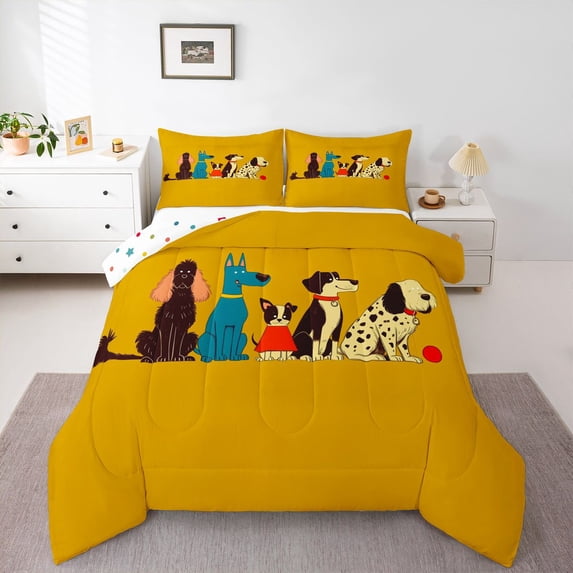 Homewish Retro Cartoon Dog Full Size Comforter Sets,Yellow Bedding Comforter Set,Polkadot Reversible,3pcs,1 Comforter and 2 Pillowcases