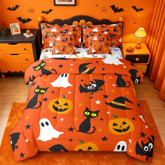 Homewish Retro Cartoon Halloween Cat 7-Piece Twin Bedding,Witch Hat Pumpkin Bat Pattern Bedding Comforter Set,Halloween Reversible