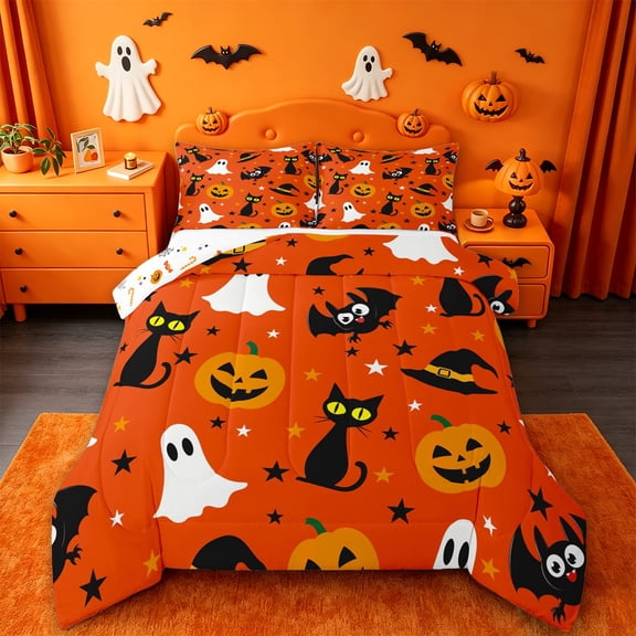 Homewish Retro Cartoon Halloween Cat Twin Comforter Sets,Witch Hat Pumpkin Bat Pattern Bedding Set,Halloween Reversible,2pcs,1 Comforter and 1 Pillowcase