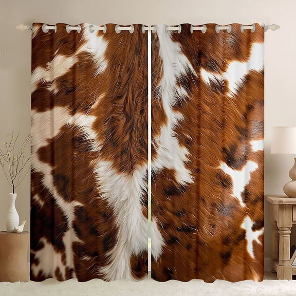 Homewish Retro Cattle Hide Black Out Curtains,Rustic Farmhouse Cabin Curtains Pack of 2 (42x63 Each),Beige Brown Bedroom Curtains For Girls Boys,Ultra Soft Home Decor
