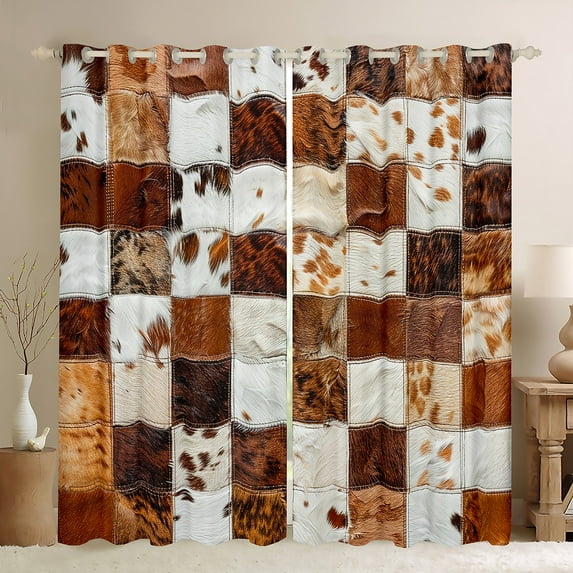 Homewish Retro Cattle Hide Blackout Curtains Set of 2 (52x84 Each),Country Farmhouse Lodge Window Curtains,Brown Beige White Curtains and Drapes For Teens,Super Cozy Room Decor