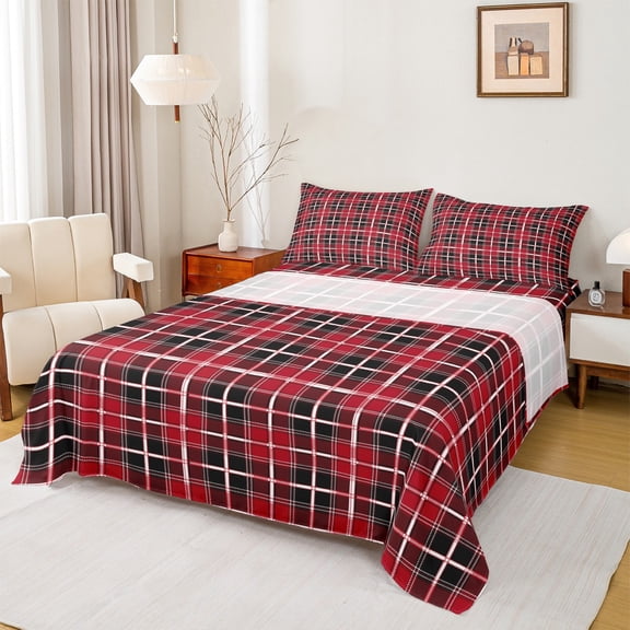 Homewish Retro Checkered Plaid Bed Sheets for Kids, Black Red Rectangle Square King Sheets, Fashion Buffalo Sheet Set, Ultra Soft Bedroom Decor, 4pcs