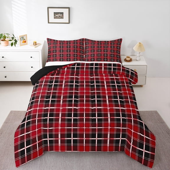 Homewish Retro Checkered Plaid Queen Comforter Set for Kids, Black Red Rectangle Square Bedding Sets, Fashion Buffalo Reversible Bedding Comforter Set, Ultra Soft Bedroom Decor, 3pcs