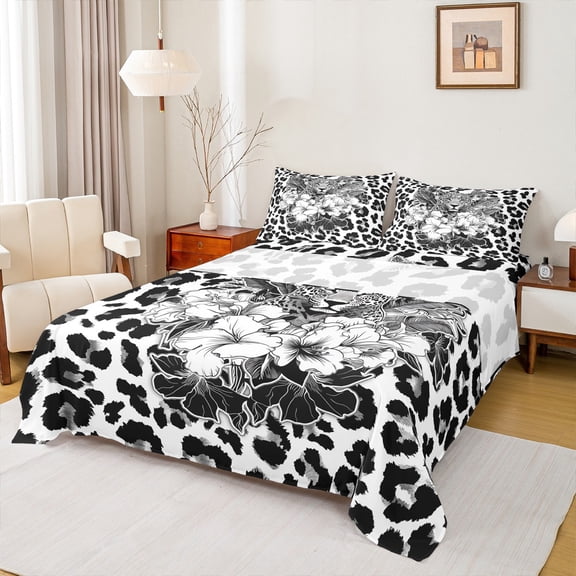 Homewish Retro Cheetah Pattern Bed Sheets,Jungle Animal Leopard King Sheets,Rustic Flower Floral Sheet Set For Men Women,Luxury Bedroom Decor,4-Piece