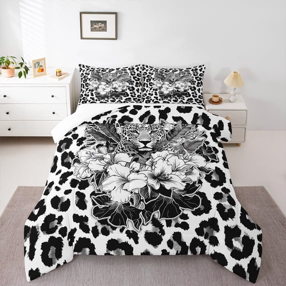 Homewish Retro Cheetah Pattern Bedding Comforter Set,Jungle Animal Leopard Twin Comforter Sets,Rustic Flower Floral Bedding Set For Men Women,Luxury Bedroom Decor,2-Piece