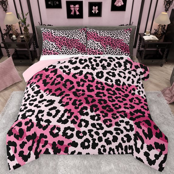 Homewish Retro Cheetah Pattern Bedding Comforter Set,Jungle Leopard Print Twin Comforter Sets,Pink Black Bedding Set For Men Women,Luxury Bedroom Decor Reversible,2 Pieces