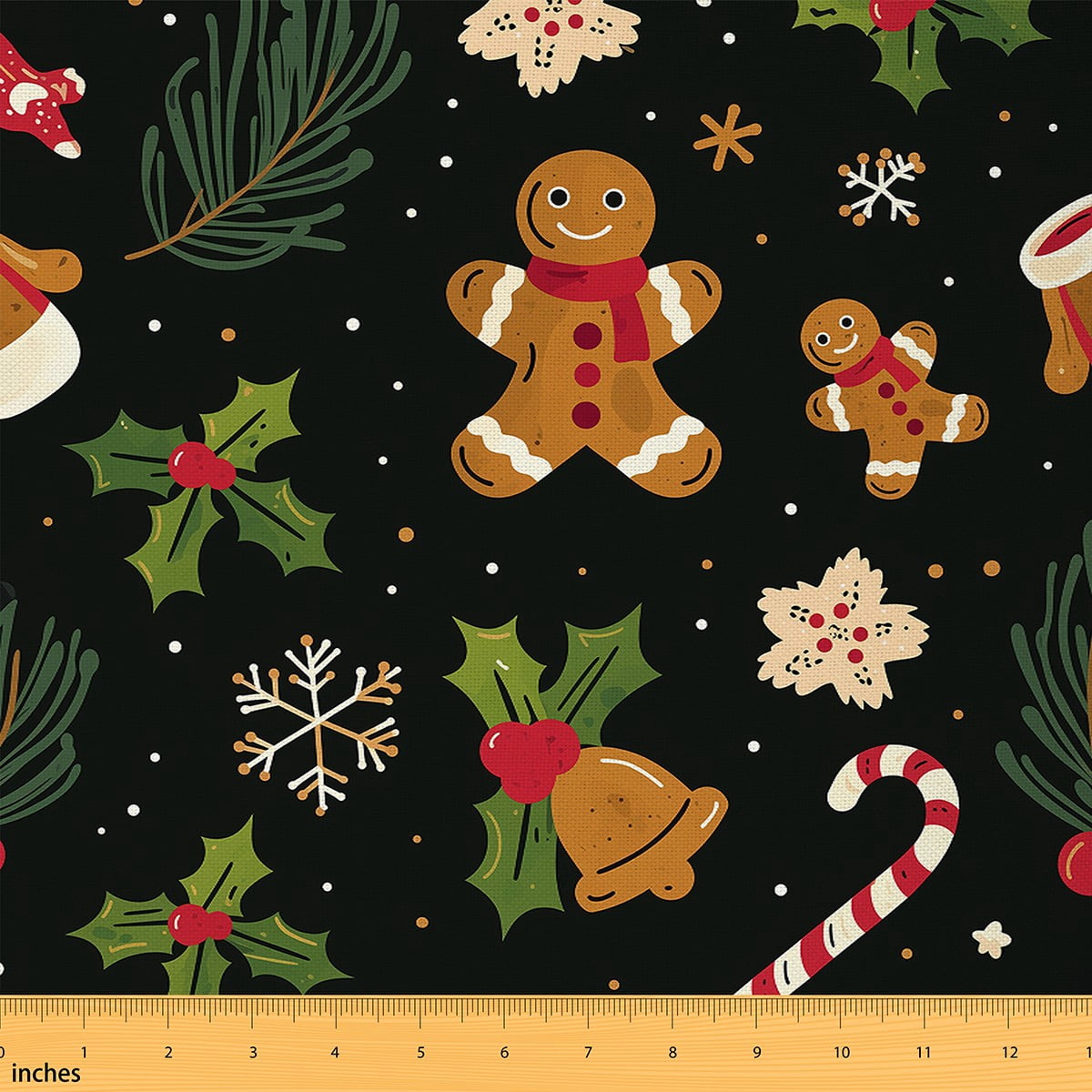 Homewish Retro Christmas Flower Fabric by the Yard 3 Yard,Cartoon Gingerbread Man Sewing Fabric,Green Brown Black Room Decor Fabric by the Yard For Girls Boys,Ultra Soft Home Decor