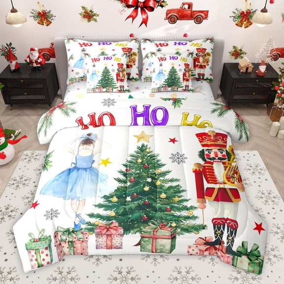 Homewish Retro Christmas Nutcracker 7-Piece Bedding Comforter Set,Cute Ballet Girls King Bedding Sets,Chic Xmas Tree Bed Sheets For Girls Kids,Ultra Soft Home Decor Reversible