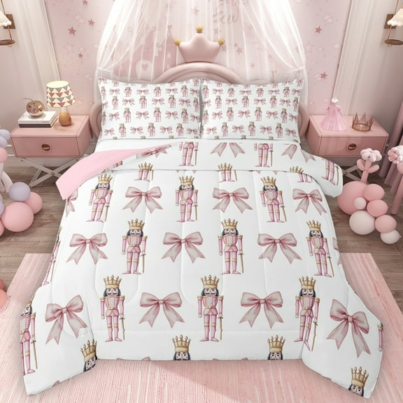 Homewish Retro Christmas Nutcracker Bedding Comforter Set,Kawaii Bow Tie Twin Comforter Sets,Merry Xmas Bedding Set For Girls,Microfiber Bedroom Decor Reversible,2-Piece