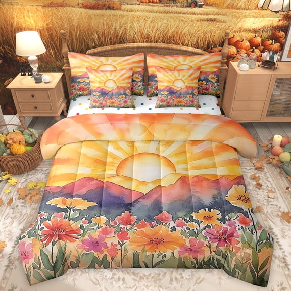 Homewish Retro Country Floral 7-Piece Bedding Comforter Set,Natural Landscape King Bedding Sets,Orange Sunset Bed Sheets For Kids,Luxury Bedroom Decor Reversible