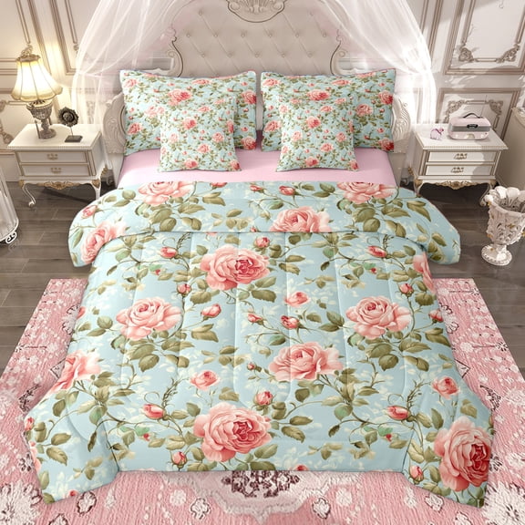 Homewish Retro Country Flower 7-Piece Twin Bedding Sets,Rustic Farmhouse Cabin Bedding Comforter Set,Pink Green Sheet Sets For Girls Teens,Luxury Bedroom Decor Reversible