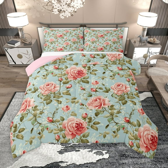 Homewish Retro Country Flower Queen Comforter Set,Rustic Farmhouse Cabin Bedding Sets,Pink Green Bedding Comforter Set For Girls Teens,Luxury Bedroom Decor Reversible,3pcs