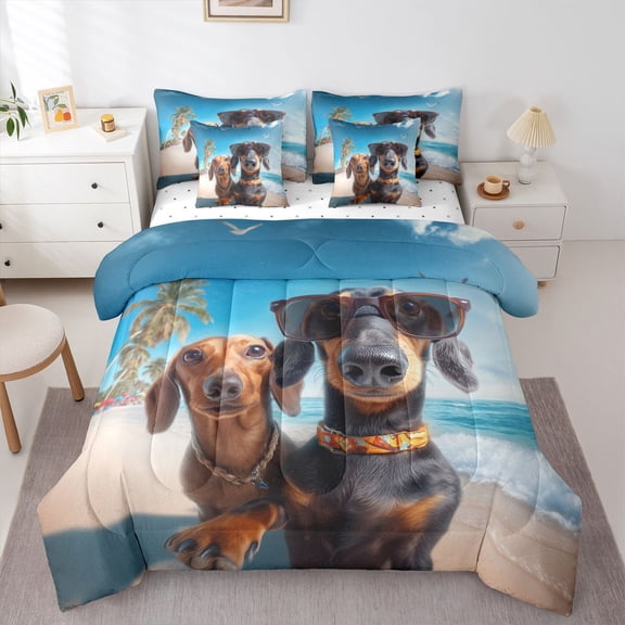 Homewish Retro Dachshund Dog 7-Piece Twin Bedding,Ocean Beach Bedding Comforter Set,Blue