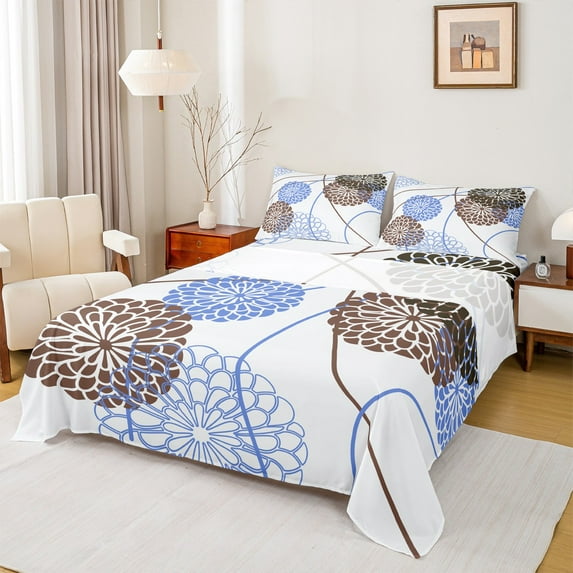 Homewish Retro Dahlia Twin Sheet Sets,Geometric Striped Twin Fitted Sheet,White Blue Brown Flat Sheet For Men Women,Breathable Home Decor,3-Piece
