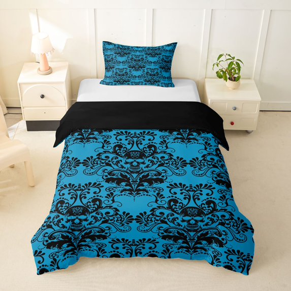 Homewish Retro Damask Floral Twin Duvet Cover,Happy Halloween Skull Twin Bedding,Black Reversible,2-Piece,1 Duvet Cover and 1 Pillowcase