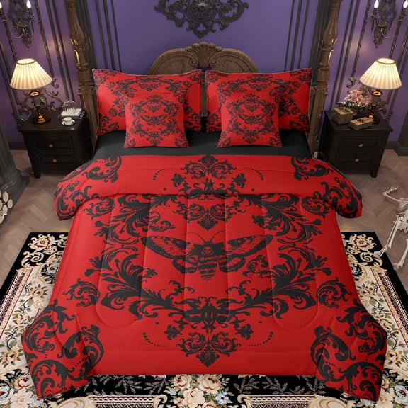 Homewish Retro Damask Jacquard 7-Piece Bedding Comforter Set,Ancient Baroque Print King Bedding Sets,Red Black Bed Sheets For Boys Girls,Breathable Home Decor Reversible